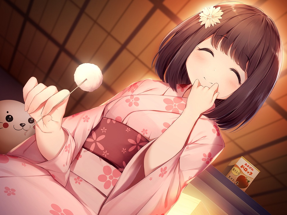 1girl blush brown_hair ceiling closed_eyes facing_viewer floral_print flower from_below hair_flower hair_ornament hand_up indoors japanese_clothes kimono mimikaki nyum original pink_kimono short_hair sitting smile solo stuffed_seal wide_sleeves