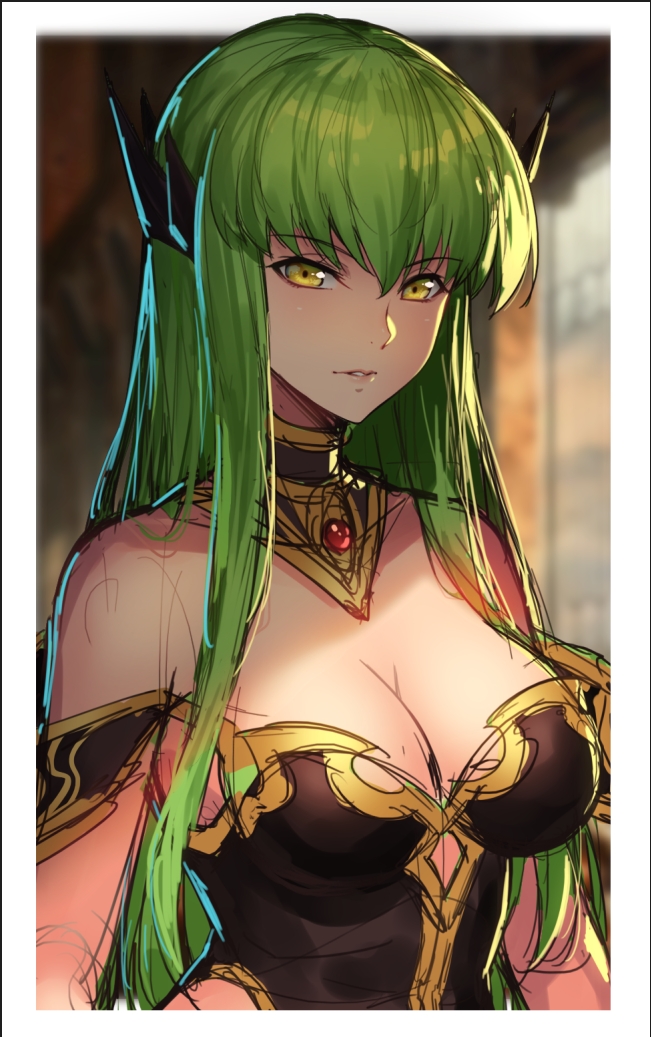 1girl bangs bare_shoulders black_leotard blurry blurry_background blush border breasts c.c. cleavage code_geass depth_of_field detached_collar eyebrows_visible_through_hair gem green_hair horns huang_xie leotard long_hair looking_at_viewer medium_breasts parted_lips ruby_(gemstone) sketch solo straight_hair upper_body white_border yellow_eyes