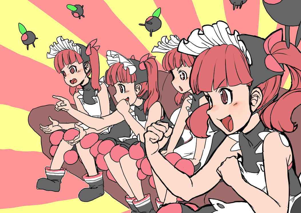 +_+ 4girls apron bare_shoulders black_dress blush bonnet clenched_hand clenched_hands commentary_request couch dress eyebrows_visible_through_hair gaijin_4koma hair_ribbon higa_norio jpeg_artifacts kemurikusa kemurikusa_(object) looking_to_the_side macedonian_flag meme multicolored multicolored_background multiple_girls open_mouth pink_ribbon pointing red_background red_eyes redhead ribbon rina_(kemurikusa) simple_background sitting sleeveless sleeveless_dress sunburst twintails v-shaped_eyebrows yellow_background