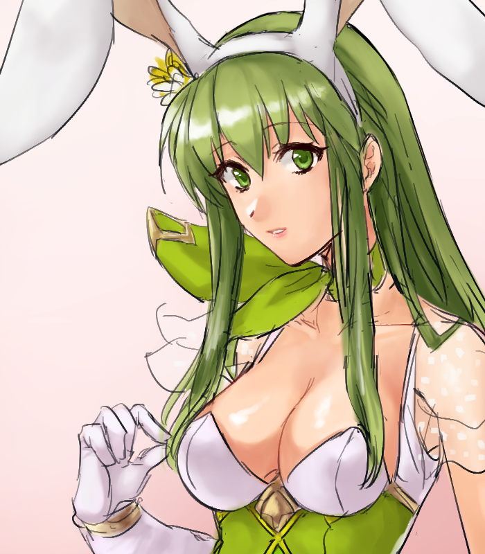 1girl animal_ears breasts bunnysuit cleavage eyebrows_visible_through_hair fire_emblem fire_emblem:_mystery_of_the_emblem fire_emblem:_shin_ankoku_ryuu_to_hikari_no_tsurugi fire_emblem_heroes flower gloves green_eyes green_hair hair_between_eyes hair_flower hair_ornament hairband hazuki_(nyorosuke) lips long_hair looking_at_viewer medium_breasts nintendo paola parted_lips pink_background rabbit_ears simple_background sketch sleeveless smile solo straight_hair upper_body white_gloves