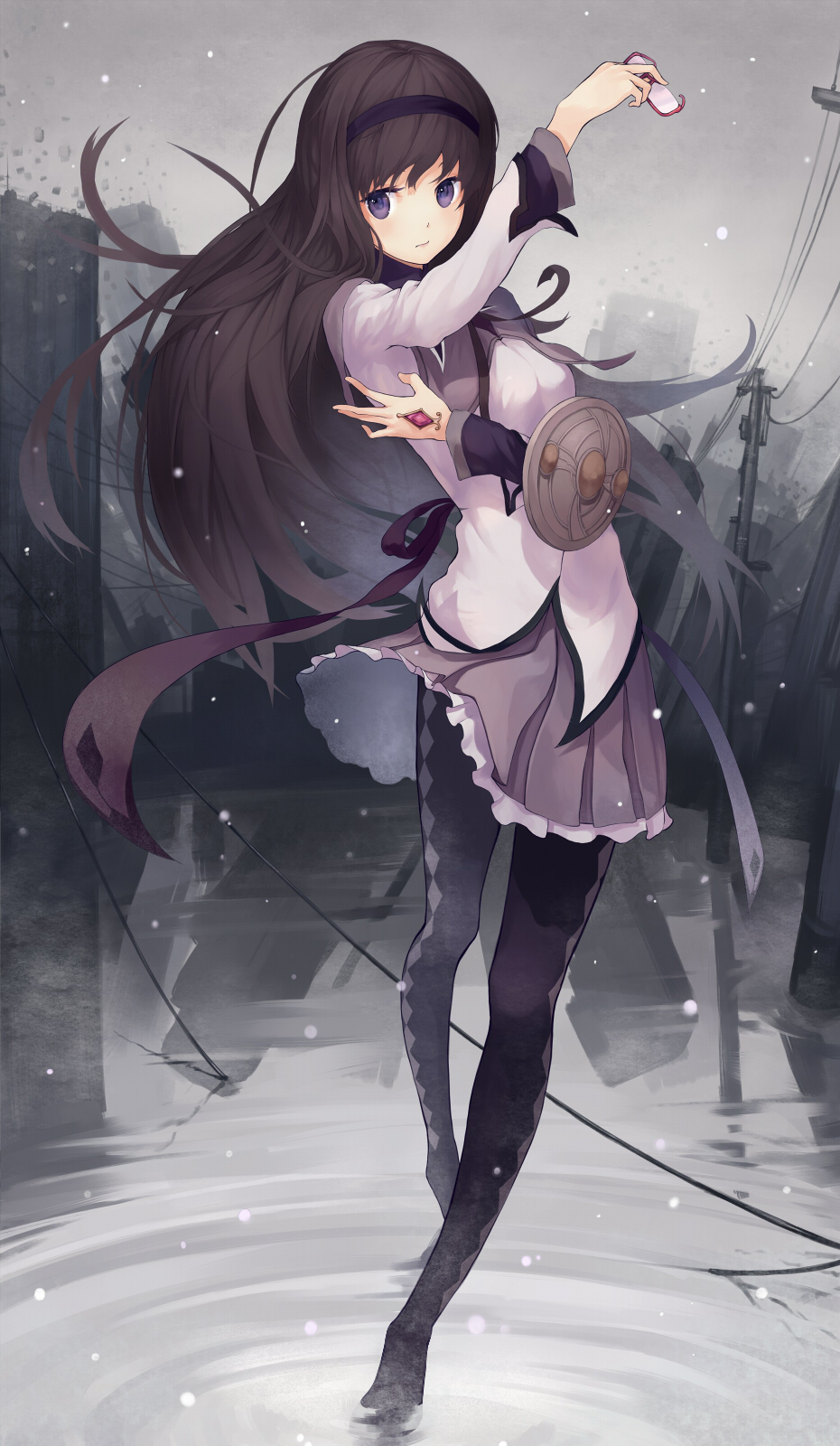 1girl akemi_homura black_hair black_hairband black_legwear clouds cloudy_sky floating_hair grey_eyes grey_skirt hairband highres holding kinoki long_hair long_sleeves looking_at_viewer mahou_shoujo_madoka_magica miniskirt outdoors pleated_skirt print_legwear shirt skirt sky solo standing very_long_hair white_shirt