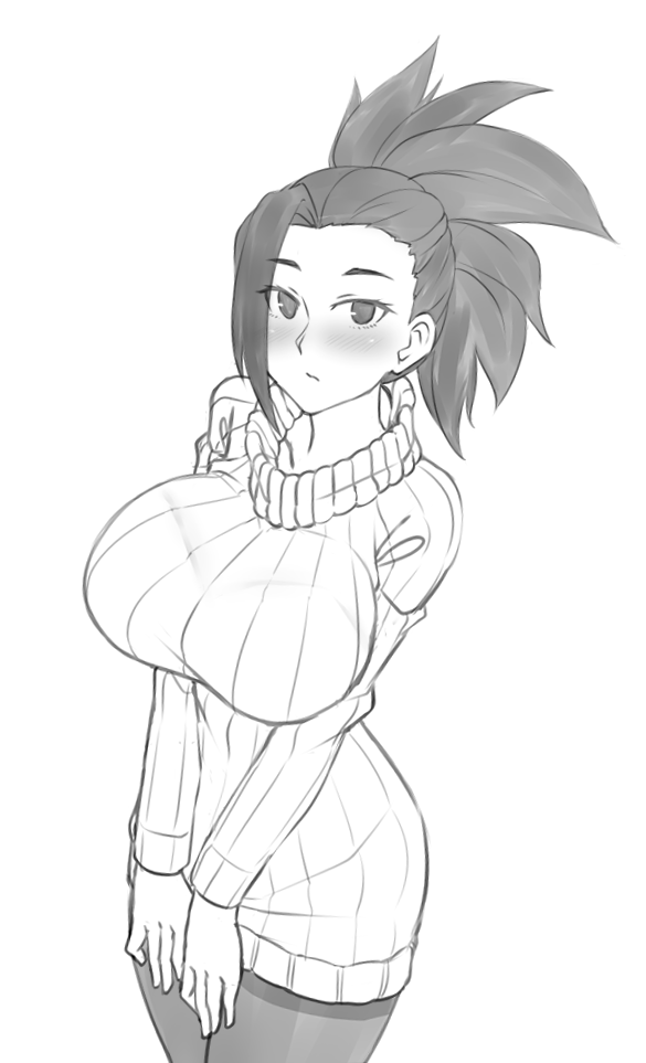 1girl blush boku_no_hero_academia bralines breasts commentary eyes_visible_through_hair greyscale large_breasts long_hair long_sleeves monochrome ponytail ribbed_sweater solo sweater twrlare v_arms yaoyorozu_momo