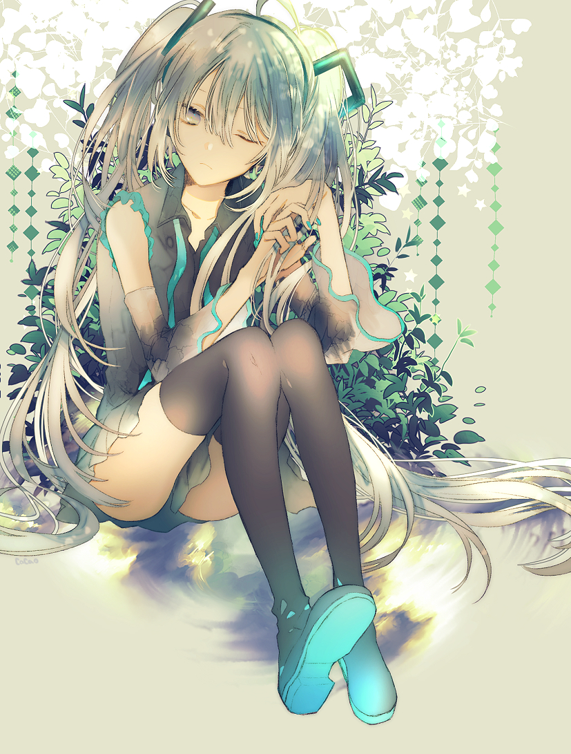 1girl ;| aqua_nails cacao_(chocotto) detached_sleeves expressionless fingernails full_body grey_background grey_hair grey_shirt hair_between_eyes hand_in_hair hatsune_miku legs_together long_hair looking_away nail_polish one_eye_closed shirt simple_background sitting solo thigh-highs thighs twintails very_long_hair vocaloid