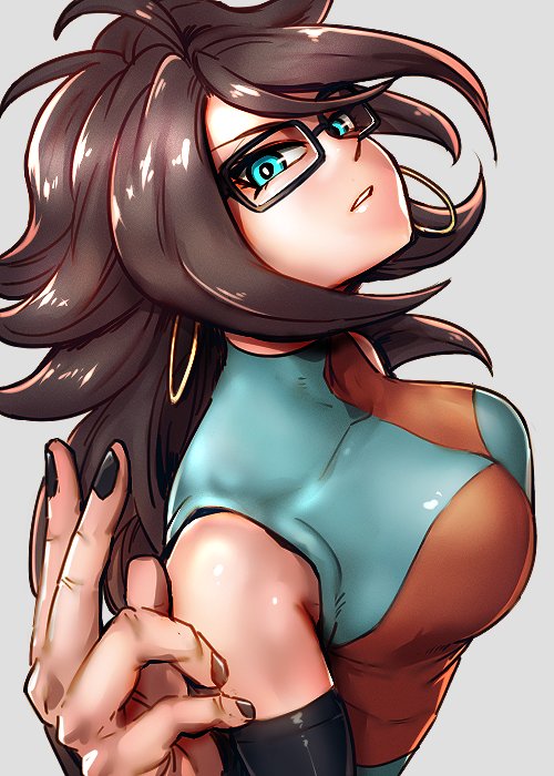 1girl android_21 black-framed_eyewear black_nails blue_eyes breasts brown_hair checkered checkered_dress collarbone commentary_request curly_hair dragon_ball dragon_ball_fighterz dress earrings flat_color from_above glasses grey_background hand_up hoop_earrings jewelry long_hair looking_at_viewer medium_breasts nail_polish parted_lips sleeveless sleeveless_dress solo st62svnexilf2p9 two-tone_dress upper_body very_long_hair