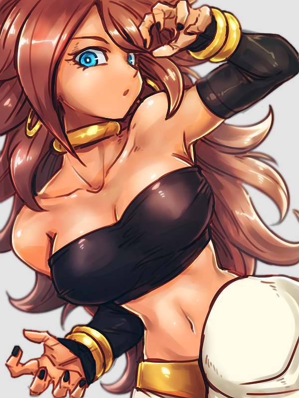 1girl android_21 arm_up bandeau bare_shoulders black_nails blue_eyes bracelet breasts brown_hair cleavage closed_mouth collarbone commentary_request curly_hair detached_sleeves dragon_ball dragon_ball_fighterz earrings harem_pants hoop_earrings jewelry long_hair looking_at_viewer medium_breasts nail_polish navel neck_ring pants parted_lips ring solo st62svnexilf2p9 upper_body very_long_hair white_pants