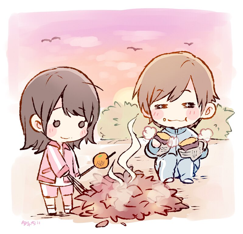 +_+ 2girls =_= ahoge akb48 artist_name bangs blue_jacket blue_pants blush brown_hair campfire chibi commentary_request food food_on_face gym_shorts holding holding_food jacket knees_up leaf long_hair long_sleeves multiple_girls murayama_yuiri o_o okada_nana outdoors pants pink_jacket pink_shorts real_life short_hair shorts sitting smile standing sunset sweet_potato taneda_yuuta track_jacket track_pants track_suit yakiimo