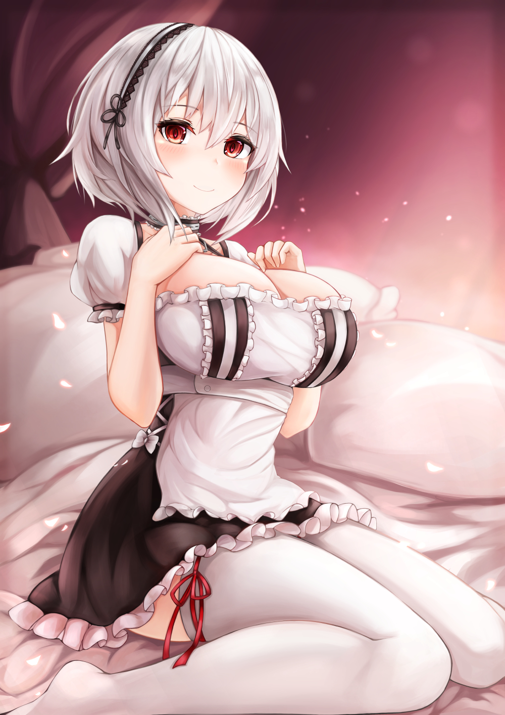 1girl apron azur_lane bangs black_choker blush breasts choker cleavage closed_mouth collarbone curtains dress frilled_dress frills hair_between_eyes hands_on_own_chest hands_up headdress highres indoors large_breasts light_particles looking_at_viewer maid maid_apron no_shoes pillow red_eyes red_ribbon ribbon ryara_vivi short_hair short_sleeves silver_hair sirius_(azur_lane) sitting smile solo thigh-highs waist_apron wariza white_apron white_legwear