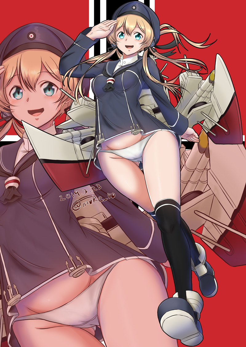 1girl alternate_costume anchor anchor_hair_ornament aqua_eyes blonde_hair blue_dress cannon commentary_request dress full_body hair_ornament hat kantai_collection kneehighs long_sleeves low_twintails mokerou panties prinz_eugen_(kantai_collection) red_background rigging sailor_collar sailor_dress sailor_hat salute solo torpedo_tubes turret twintails undersized_clothes underwear walking white_panties zoom_layer