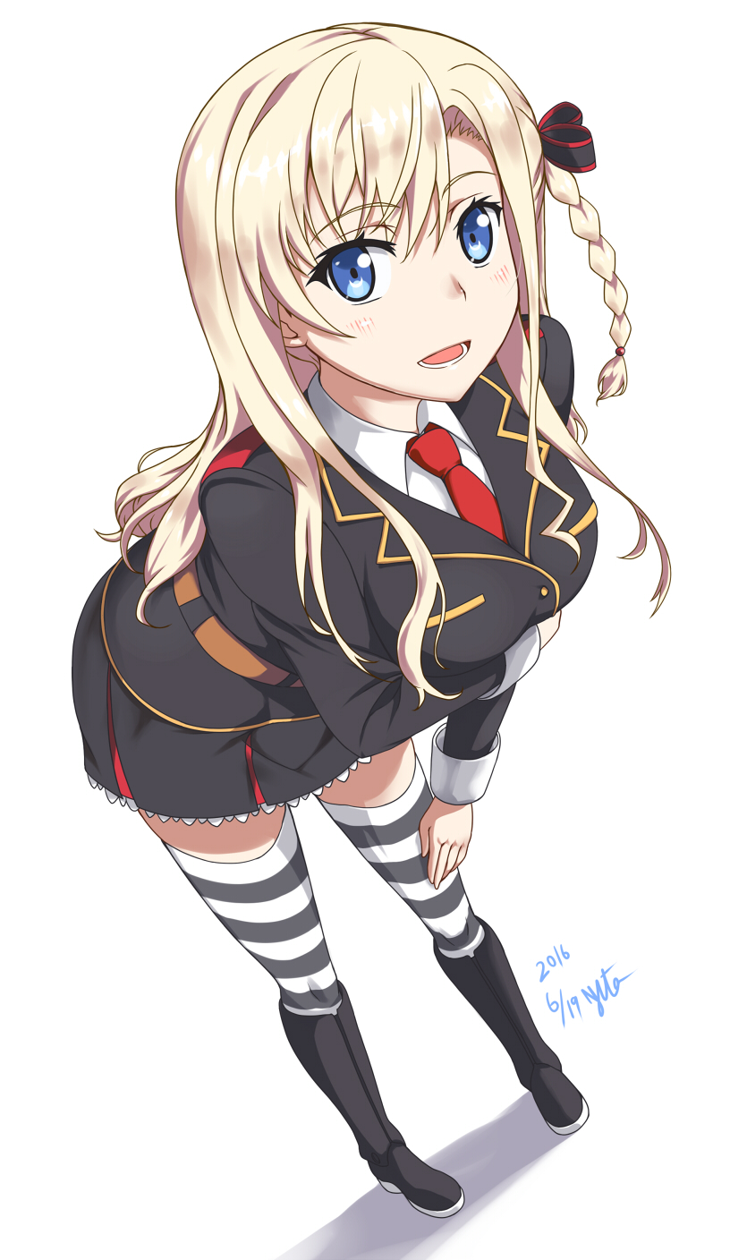 1girl black_footwear blonde_hair blue_eyes braid breasts commentary_request dated full_body hair_ribbon high_school_fleet highres large_breasts long_hair looking_at_viewer military military_uniform necktie nishiumi_yuuta open_mouth red_neckwear ribbon signature simple_background single_braid solo standing striped striped_legwear teeth thigh-highs uniform white_background wilhelmina_braunschweig_ingenohl_friedeburg