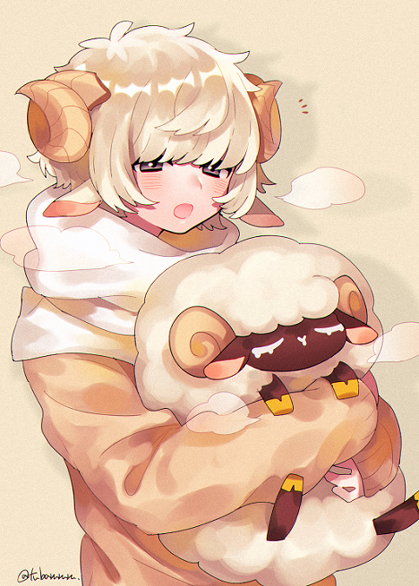 1boy :o animal_ears blonde_hair horns hug long_sleeves looking_at_viewer male_focus open_mouth original sheep sheep_ears sheep_horns short_hair solo stuffed_animal stuffed_sheep stuffed_toy tsubaki_tsubaru upper_body