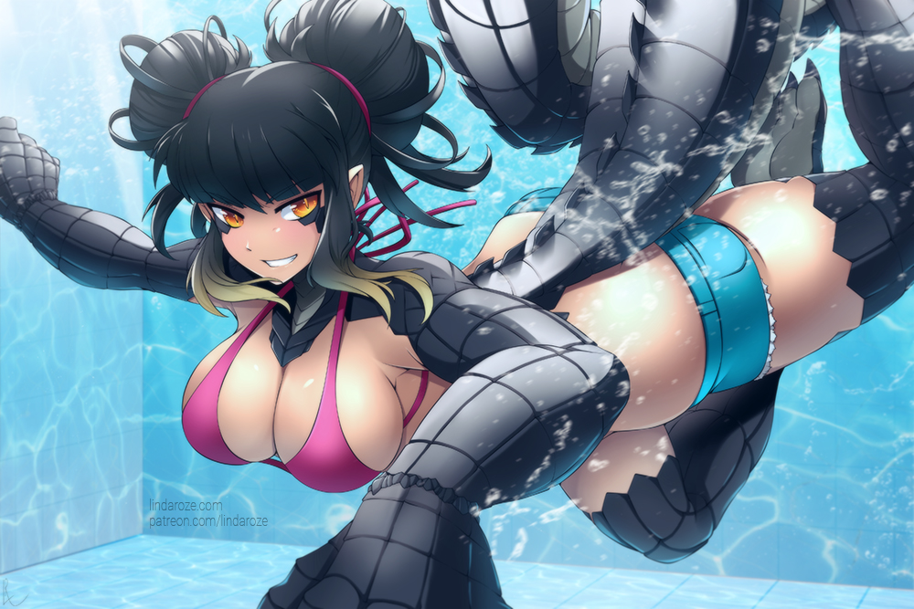 1girl alina_pegova black_hair blue_shorts breasts commentary crocodile_tail double_bun grin large_breasts looking_at_viewer orange_eyes original paws pink_bikini_top pointy_ears pool scales short_shorts shorts smile solo swimming underwater