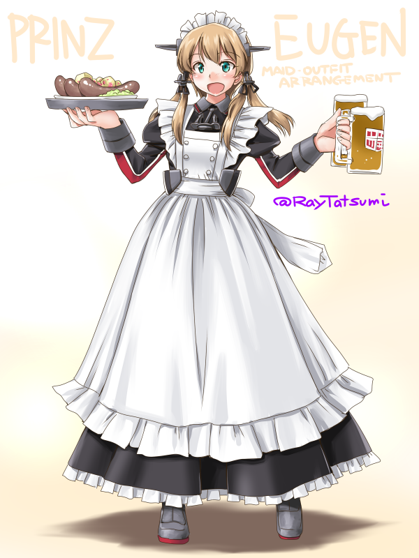 1girl adapted_costume alcohol alternate_costume anchor_hair_ornament apron aqua_eyes beer beer_mug black_dress blonde_hair character_name dress enmaided food frilled_apron frills full_body hair_ornament iron_cross kantai_collection loafers low_twintails maid open_mouth plate prinz_eugen_(kantai_collection) sausage shoes silver_shoes smile solo standing tatsumi_ray twintails twitter_username waitress white_apron