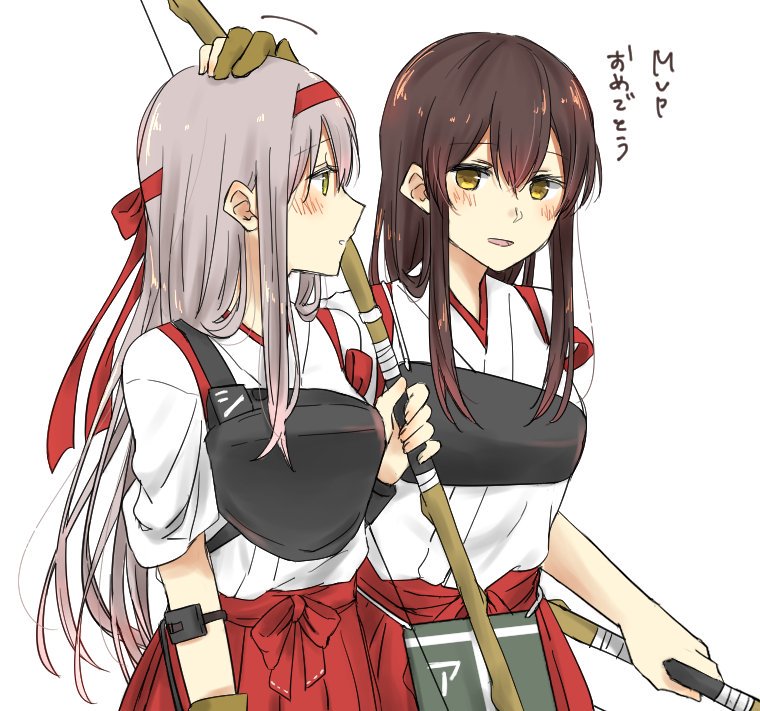 2girls akagi_(kantai_collection) blush bou_(wataame) bow_(weapon) breastplate brown_eyes brown_gloves brown_hair eyebrows_visible_through_hair gloves grey_hair hairband hakama_skirt holding holding_bow_(weapon) holding_weapon japanese_clothes kantai_collection long_hair looking_at_another multiple_girls muneate partly_fingerless_gloves petting red_hairband red_skirt shoukaku_(kantai_collection) simple_background single_glove skirt tasuki translation_request upper_body weapon white_background yugake