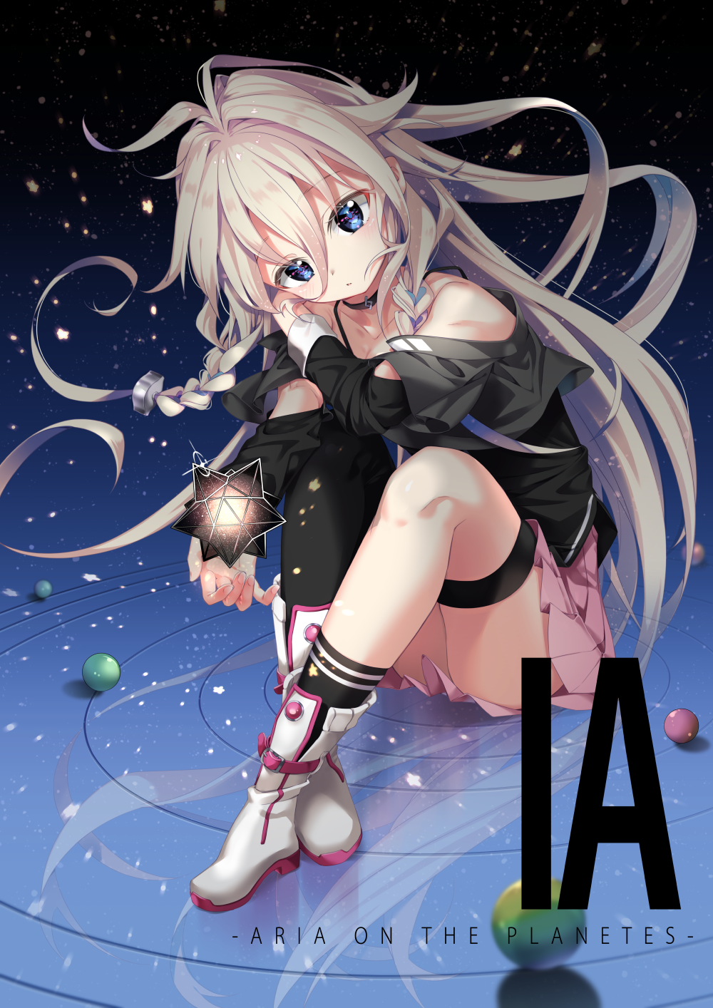 1girl arami_o_8 asymmetrical_legwear bare_shoulders black_legwear black_shirt blue_eyes boots braid character_name collar collarbone commentary full_body highres holding ia_(vocaloid) long_hair model pink_hair pink_skirt planet polyhedron reflection shirt skirt solo star_(sky) symbol_commentary thigh-highs thigh_strap vocaloid
