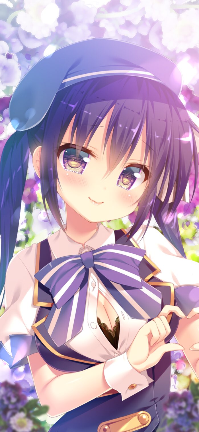 1girl blush bow breasts cleavage closed_mouth collared_shirt eyebrows_visible_through_hair gochuumon_wa_usagi_desu_ka? heart heart_hands highres large_breasts long_hair looking_at_viewer mitsumomo_mamu phone_wallpaper puffy_short_sleeves puffy_sleeves purple_bow purple_hair shirt short_sleeves smile solo tedeza_rize twintails unbuttoned unbuttoned_shirt violet_eyes white_shirt wrist_cuffs