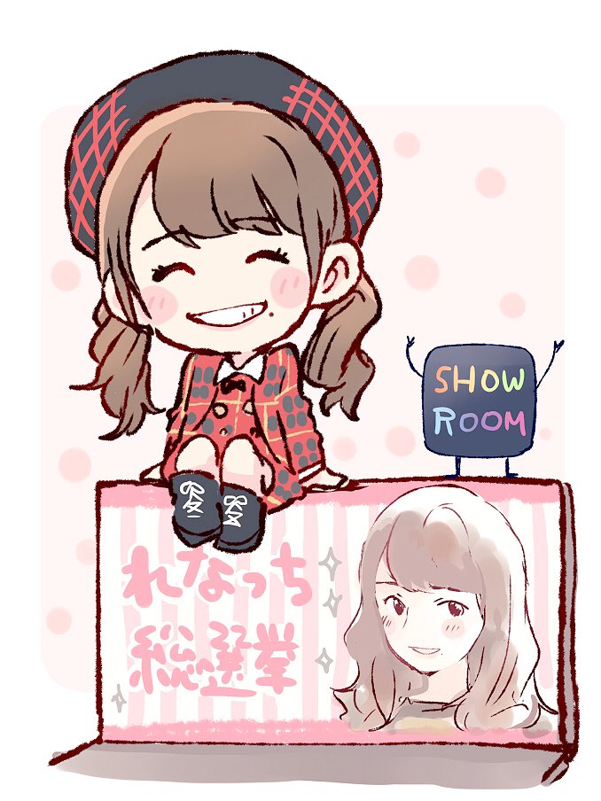 1girl :d akb48 bangs beret black_footwear black_headwear blush_stickers boots bow bowtie brown_hair chibi commentary_request facing_viewer grin hat jacket katou_rena long_hair long_sleeves mole mole_under_mouth open_mouth pink_background polka_dot polka_dot_background polka_dot_jacket real_life red_jacket showroom_(site) sign sitting smile solo sparkle taneda_yuuta twintails white_neckwear
