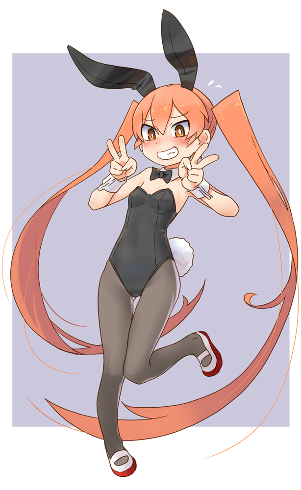 1girl animal_ears bangs bare_shoulders black_legwear black_leotard blush bow bowtie bunny_girl bunny_tail bunnysuit detached_collar double_v eyebrows_visible_through_hair fake_animal_ears full_body gluteal_fold grin hair_between_eyes katahira_masashi leotard long_hair looking_at_viewer orange_eyes orange_hair pantyhose rabbit_ears shoes simple_background smile solo strapless strapless_leotard tail twintails ueno-san_wa_bukiyou ueno_(ueno-san_wa_bukiyou) uwabaki v very_long_hair wrist_cuffs