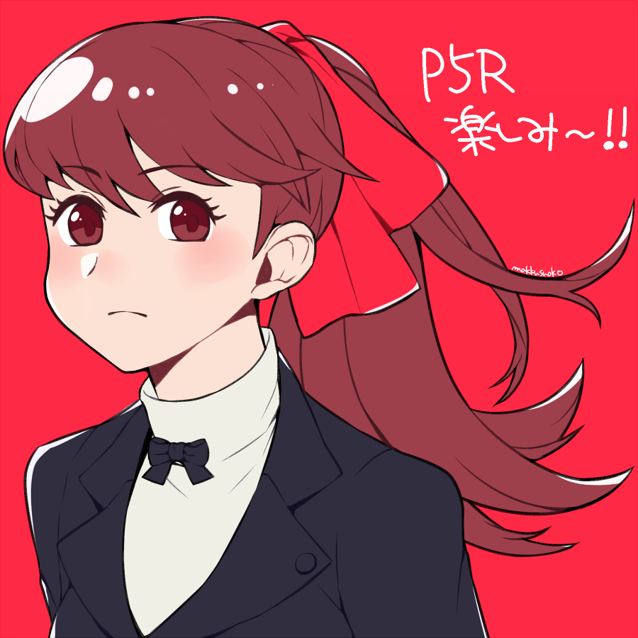 1girl acronym black_jacket blazer blush bow brown_eyes closed_mouth do_m_kaeru jacket long_hair persona persona_5 persona_5_the_royal ponytail red_background red_bow redhead shuujin_academy_uniform simple_background translation_request upper_body