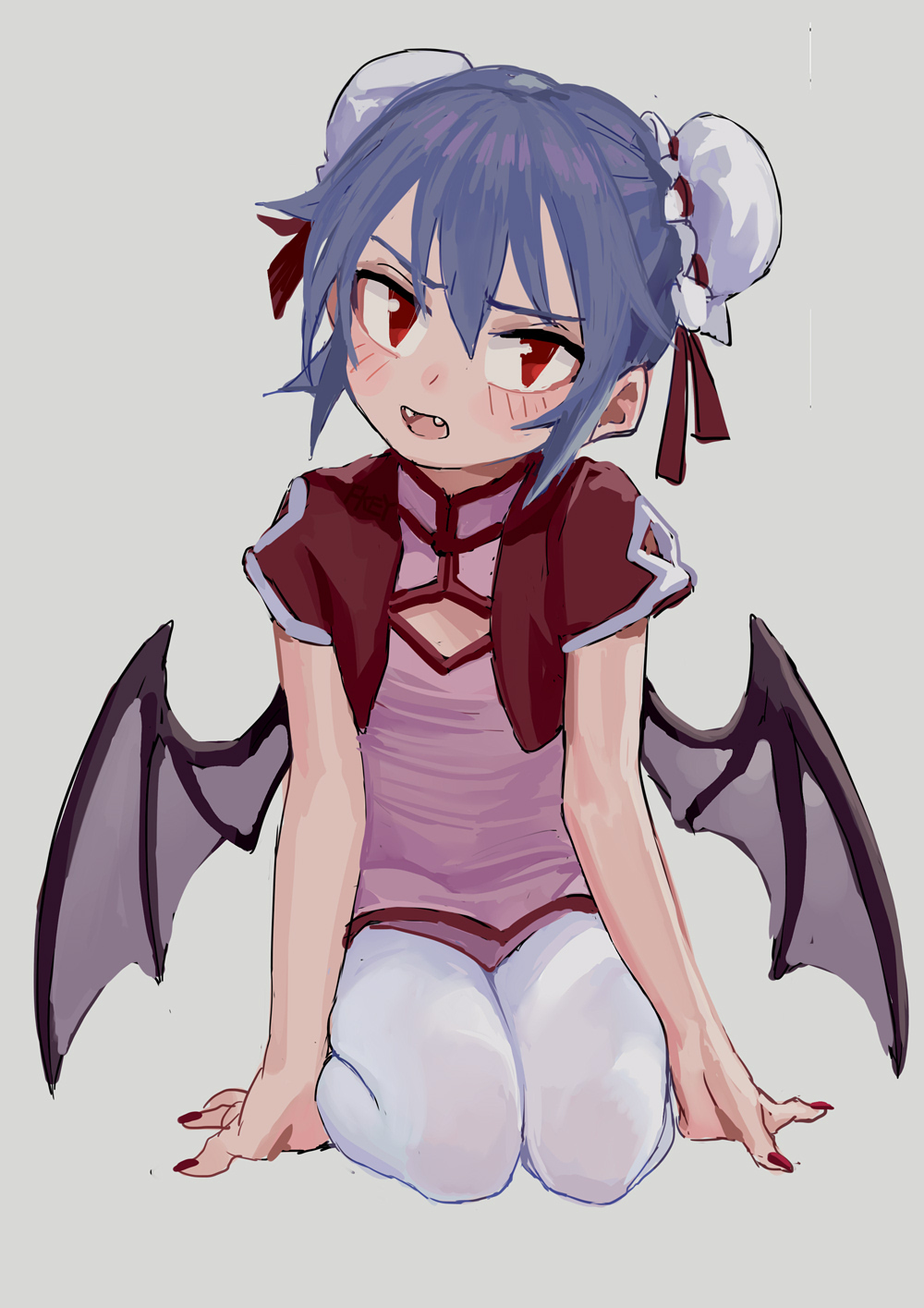 1girl alternate_costume arm_support bangs bat_wings blue_hair blush bun_cover china_dress chinese_clothes commentary double_bun dress eyebrows_visible_through_hair fangs fkey grey_background hair_between_eyes head_tilt highres looking_at_viewer nail_polish open_mouth pantyhose pink_dress red_eyes red_nails red_ribbon remilia_scarlet ribbon seiza short_hair short_sleeves sidelocks simple_background sitting solo thighs touhou white_legwear wings