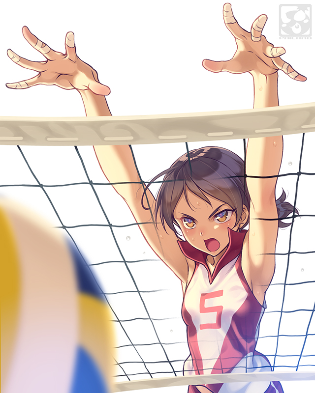 1girl armpits arms_up artist_logo bandage bangs blocking blurry blurry_foreground brown_eyes brown_hair commentary depth_of_field frown girls_und_panzer jumping kawanishi_shinobu open_mouth pairan red_shirt red_shorts shirt short_hair short_ponytail shorts single_vertical_stripe sleeveless sleeveless_shirt solo sportswear sweat swept_bangs v-shaped_eyebrows volleyball volleyball_net volleyball_uniform white_background