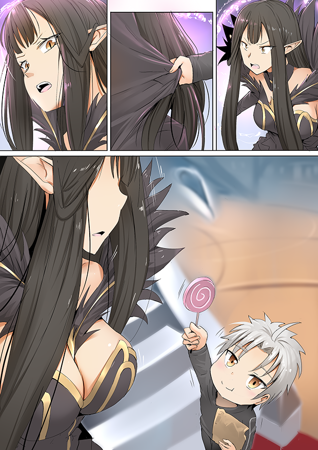 1boy 1girl ahoge bag breasts brown_hair candy cleavage comic dress fate/grand_order fate_(series) food fur_collar ginhaha holding large_breasts lollipop long_hair open_mouth pointy_ears red_carpet round_teeth semiramis_(fate) short_hair silent_comic silver_hair slit_pupils smile stairs teeth yellow_eyes