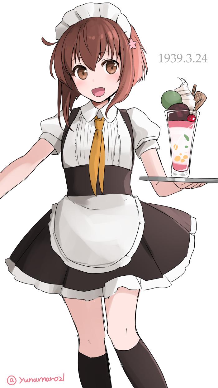 1girl alternate_costume apron black_dress black_legwear brown_eyes brown_hair commentary_request cowboy_shot dated dress feet_out_of_frame food frilled_apron frills highres ice_cream kantai_collection kneehighs looking_at_viewer maid_headdress neckerchief open_mouth puffy_short_sleeves puffy_sleeves short_hair short_sleeves simple_background smile solo teeth tray waitress white_apron white_background yellow_neckwear yukikaze_(kantai_collection) yunamaro