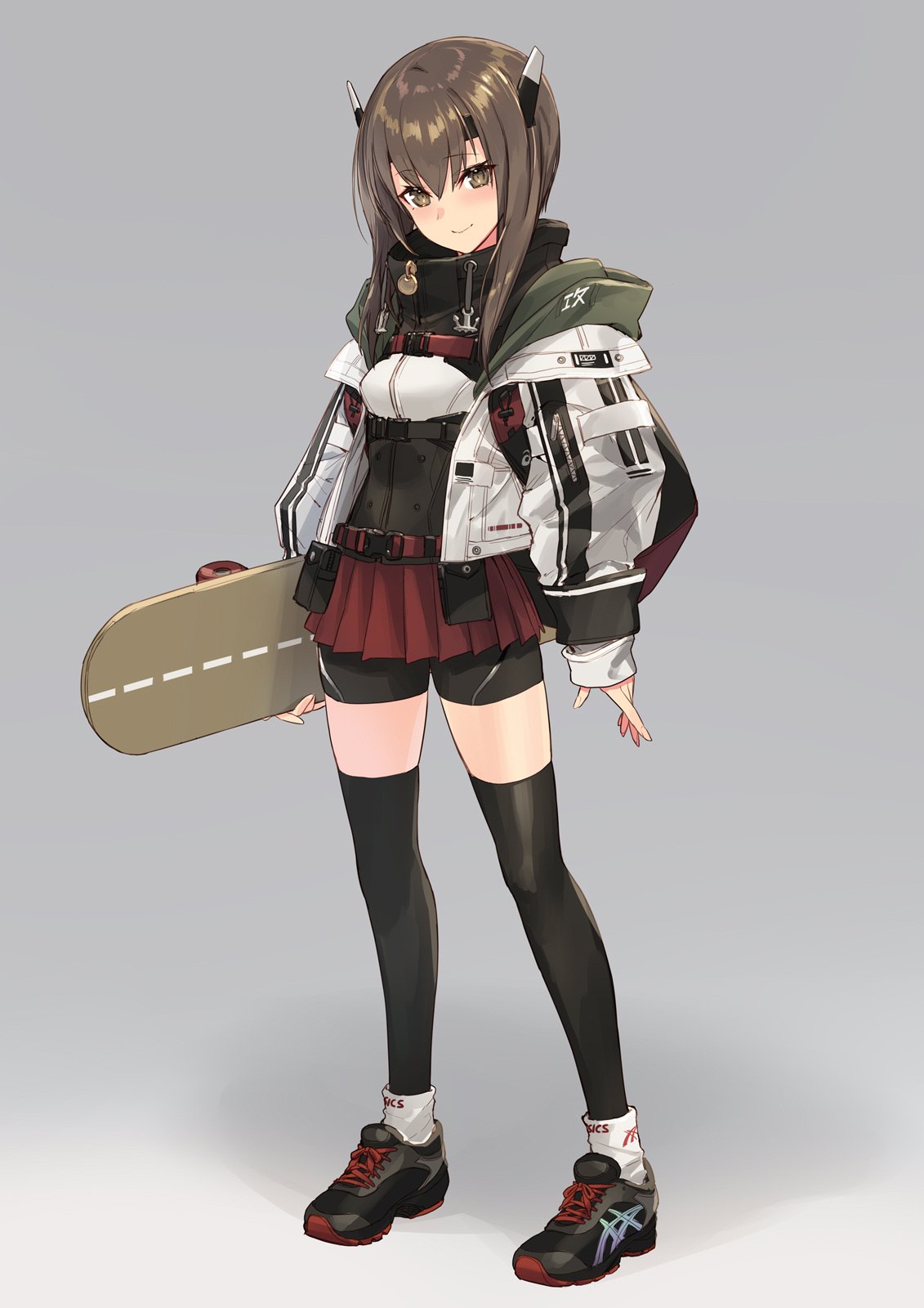 asics backpack bag bike_shorts brown_eyes brown_hair corset full_body hair_between_eyes headgear highres jacket kantai_collection looking_at_viewer shoes short_hair sigm@ simple_background skateboard skirt sneakers socks socks_over_thighhighs taihou_(kantai_collection) thigh-highs white_jacket zettai_ryouiki