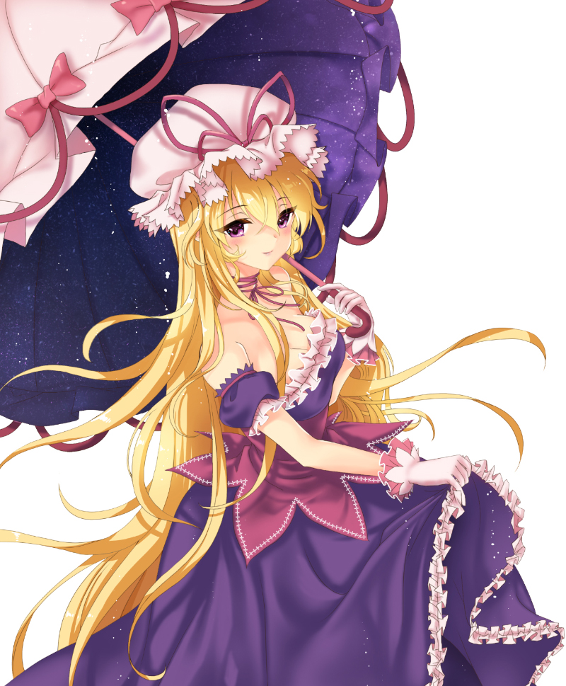 1girl absurdly_long_hair blonde_hair bow breasts choker cleavage detached_sleeves dress eyebrows_visible_through_hair floating_hair frilled_dress frills hair_between_eyes hat hat_ribbon holding holding_umbrella long_dress long_hair looking_at_viewer medium_breasts purple_dress purple_sleeves red_bow red_ribbon ribbon ribbon_choker short_sleeves simple_background skirt_hold solo sonabi_(misty_alice) standing strapless strapless_dress touhou umbrella very_long_hair violet_eyes white_background white_headwear yakumo_yukari