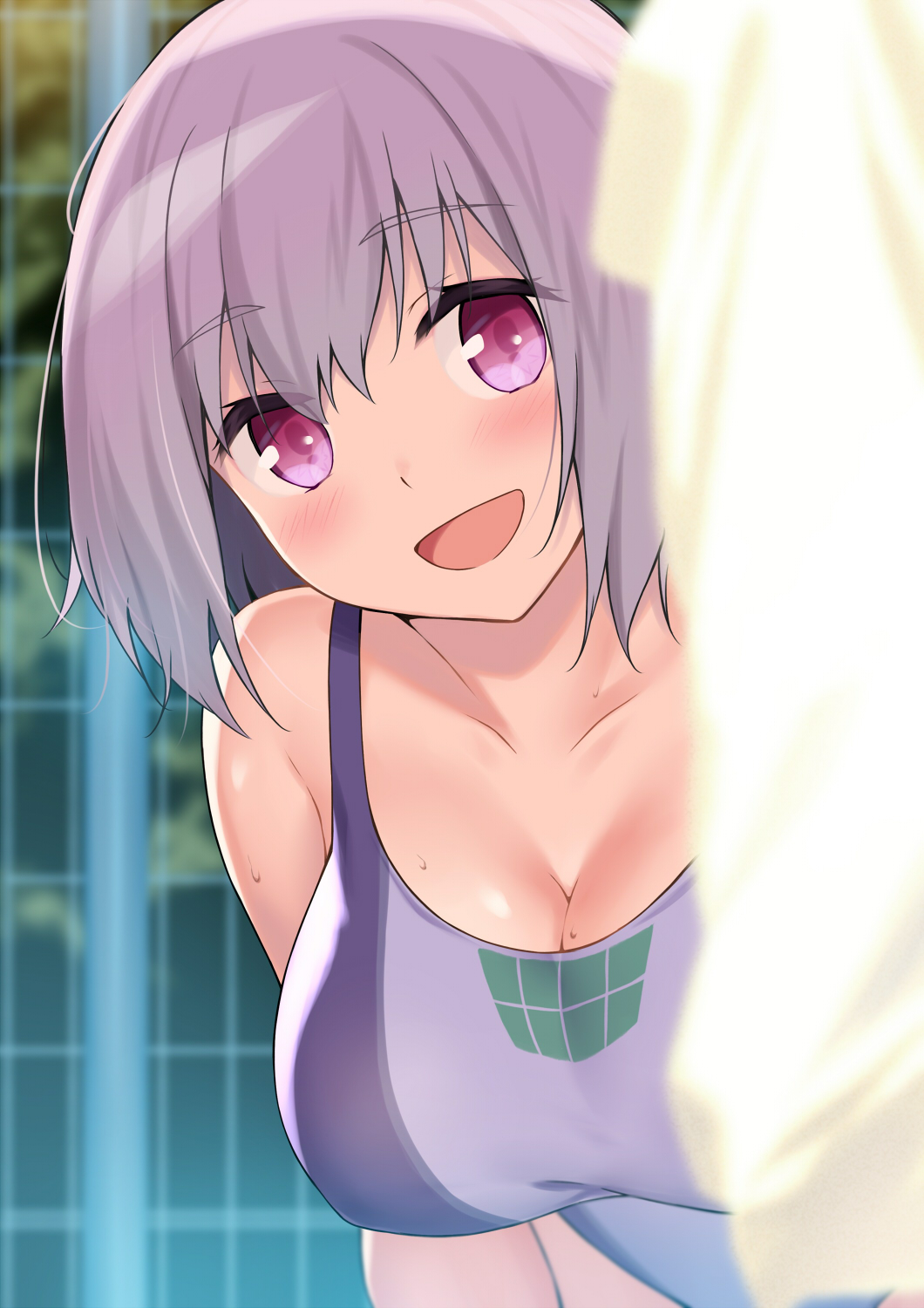 1girl :d bare_arms bare_shoulders blurry blurry_foreground blush breasts cccpo cleavage collarbone commentary_request competition_swimsuit depth_of_field head_tilt highres large_breasts lavender_hair leaning_forward looking_at_viewer one-piece_swimsuit open_mouth outdoors pink_eyes shinjou_akane short_hair smile solo ssss.gridman swimsuit towel upper_body wet