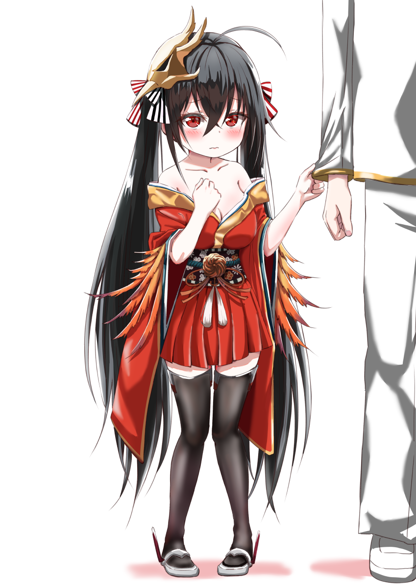 1boy 1girl ahoge azur_lane bare_shoulders black_hair black_legwear breasts cleavage collarbone commander_(azur_lane) commentary_request hair_between_eyes japanese_clothes kimono long_hair long_sleeves mask mask_on_head military military_uniform off_shoulder oppai_loli pants red_eyes red_kimono size_difference sleeve_pull taihou_(azur_lane) thigh-highs twintails uniform user_ujzx4875 very_long_hair white_footwear younger