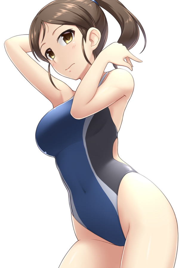 1girl ayase_honoka blue_swimsuit brown_eyes brown_hair competition_swimsuit cowboy_shot embarrassed highleg highleg_swimsuit idolmaster idolmaster_cinderella_girls long_hair looking_at_viewer one-piece_swimsuit pataniito ponytail simple_background solo standing swimsuit white_background