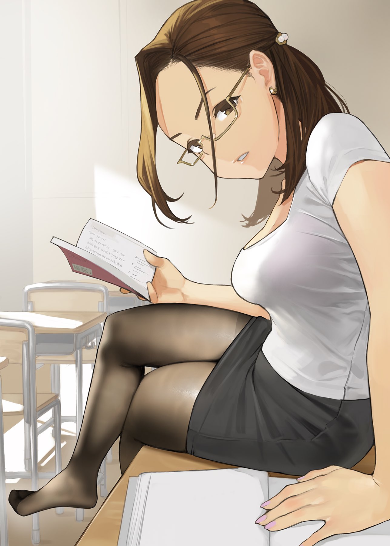 1girl bangs black_legwear black_skirt book breasts brown_eyes brown_hair chair classroom desk earrings feet forehead glasses hair_ornament hairclip highres jewelry lighting long_hair looking_at_viewer medium_breasts no_shoes open_book open_mouth original pantyhose parted_bangs parted_lips shirt short_sleeves skirt solo thighband_pantyhose thighs white_shirt yomu_(sgt_epper)