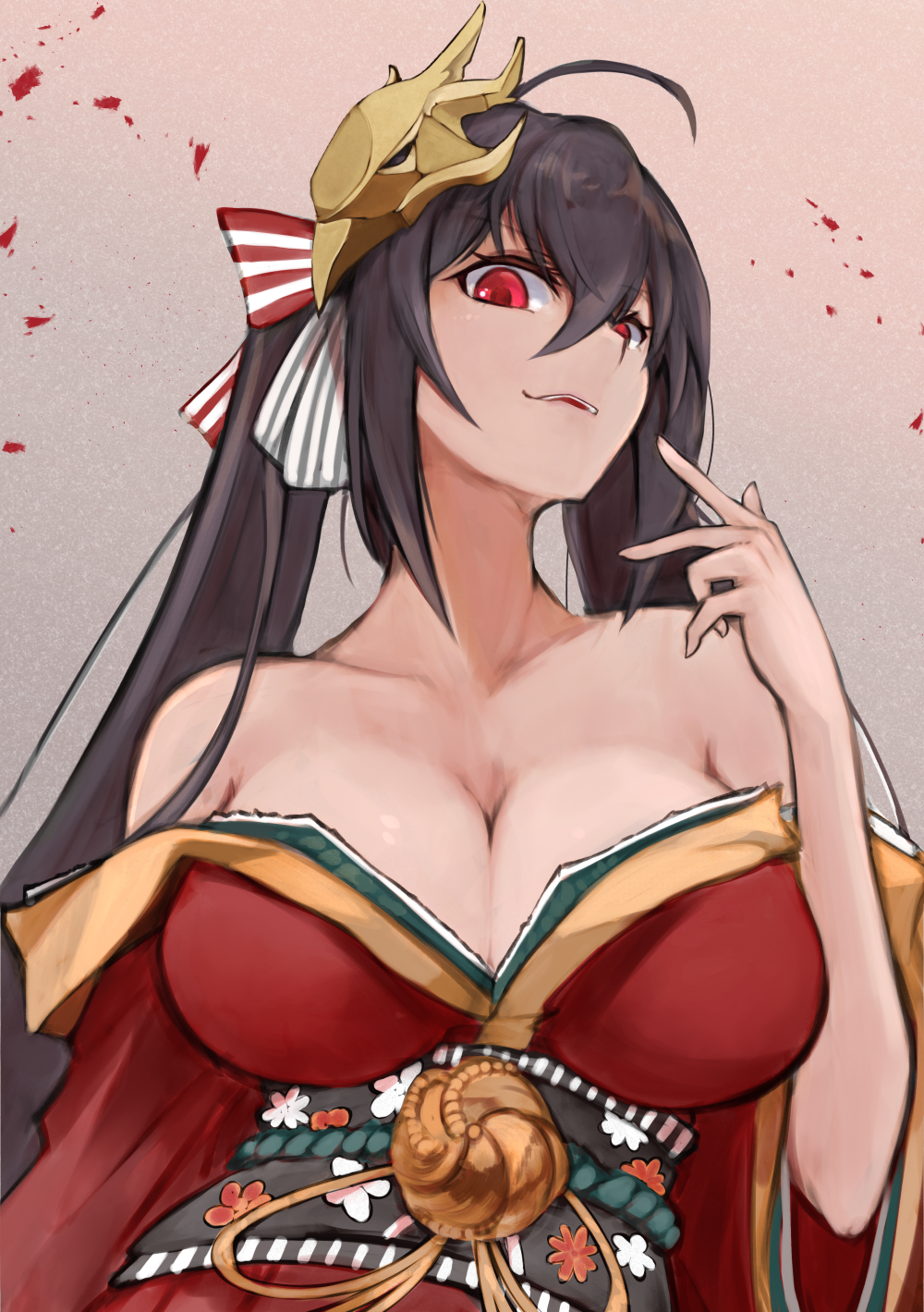 1girl ahoge azur_lane bare_shoulders black_hair breasts cleavage collarbone commentary_request eyebrows_visible_through_hair finger_to_mouth from_below hair_between_eyes hair_ribbon hand_up highres japanese_clothes kimono large_breasts long_hair long_sleeves looking_at_viewer looking_down marshall2033 mask mask_on_head obi off_shoulder open_mouth red_eyes red_kimono red_ribbon ribbon sash smile solo striped striped_ribbon taihou_(azur_lane) tied_hair twintails very_long_hair wide_sleeves