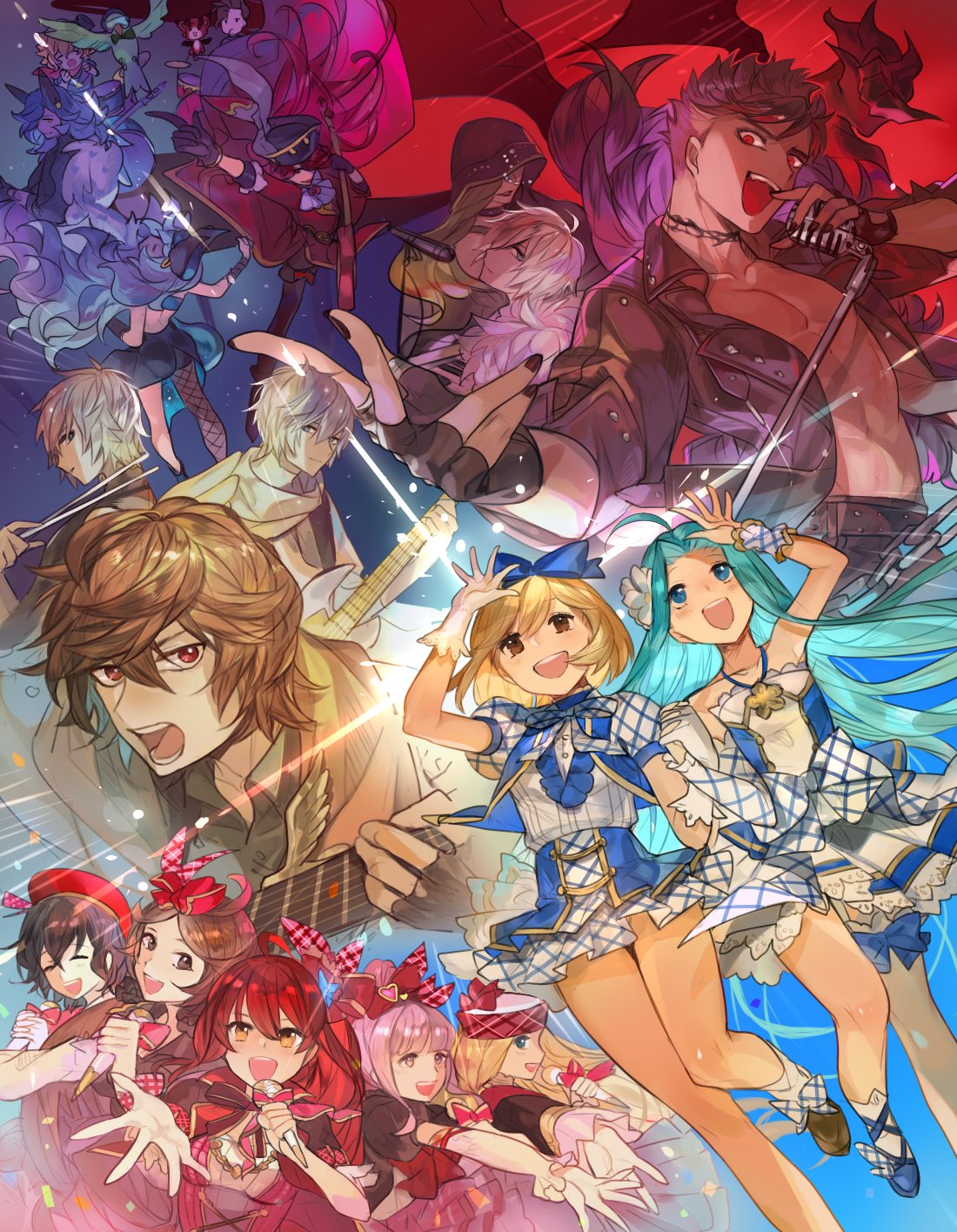 aoidos avatar_(granblue_fantasy) azrael_(granblue_fantasy) beelzebub_(granblue_fantasy) belial_(granblue_fantasy) black_hair blue_eyes blue_hair canna_(granblue_fantasy) diantha_(granblue_fantasy) diola_(granblue_fantasy) djeeta_(granblue_fantasy) drang_(granblue_fantasy) feathers ferry_(granblue_fantasy) gloves granblue_fantasy guitar harie_(granblue_fantasy) hat highres idol idol_clothes instrument linaria_(granblue_fantasy) long_hair lucifer_(shingeki_no_bahamut) lucilius_(granblue_fantasy) lucio_(granblue_fantasy) lyria_(granblue_fantasy) microphone open_mouth picube525528 red_eyes redhead sandalphon_(granblue_fantasy) sierokarte smile vee_(granblue_fantasy)