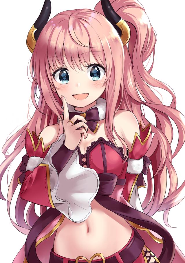 1girl :d bare_shoulders belt blue_eyes blush bow bowtie breasts cleavage crop_top dargo detached_sleeves hand_up horns index_finger_raised jewelry lace_trim long_hair long_sleeves looking_at_viewer medium_breasts midriff minami_suzuna navel one_side_up open_mouth pink_hair princess_connect! princess_connect!_re:dive red_skirt ring simple_background skirt smile solo stomach upper_body wavy_hair white_background wide_sleeves