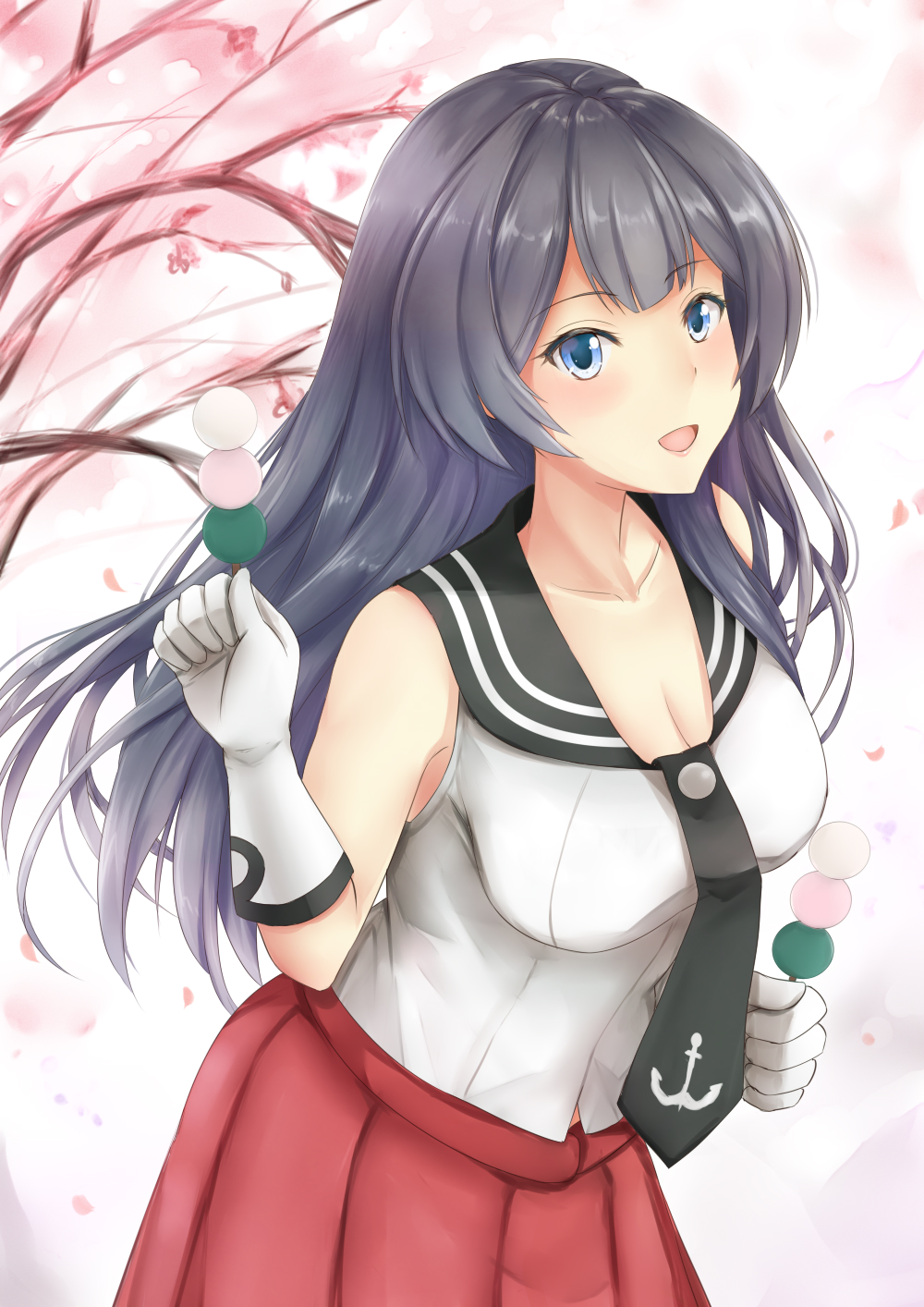 1girl agano_(kantai_collection) anchor_symbol arm_up bangs black_hair black_neckwear black_sailor_collar blue_eyes blush breasts cherry_blossoms cleavage collarbone dango day eyebrows_visible_through_hair food gloves hakama_skirt head_tilt highres holding holding_food kantai_collection koru_pera large_breasts long_hair looking_at_viewer open_mouth outdoors pleated_skirt red_skirt sailor_collar sanshoku_dango shirt skirt sleeveless sleeveless_shirt solo standing tree_branch upper_body very_long_hair wagashi white_gloves