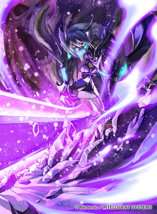 1boy armor armored_boots blue_hair boots cape fire_emblem fire_emblem_cipher fire_emblem_heroes full_body fur_cape gauntlets glowing glowing_sword glowing_weapon hitodama ice kita_senri lif_(fire_emblem) looking_at_viewer mask nintendo official_art red_eyes short_hair skull snow solo spirit sword tree watermark weapon