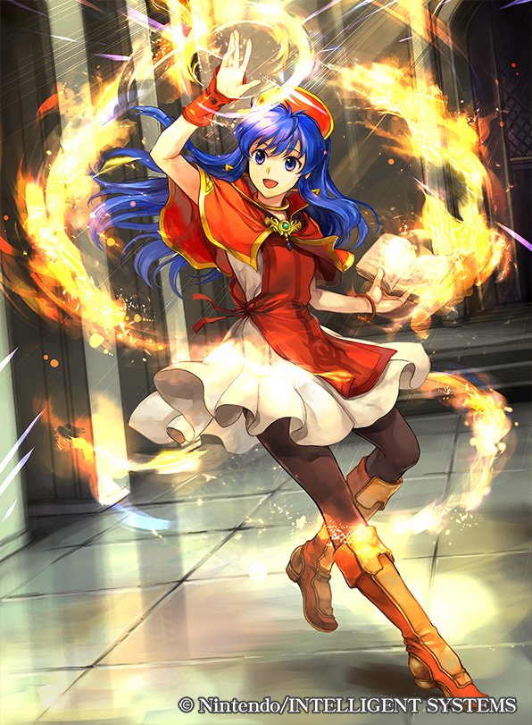 1girl black_legwear blue_eyes blue_hair book boots brown_footwear capelet dress fire fire_emblem fire_emblem:_fuuin_no_tsurugi fire_emblem_cipher full_body hat indoors lilina long_hair magic nintendo official_art open_mouth pantyhose red_headwear short_dress sleeveless smile solo tabard wada_sachiko watermark wrist_cuffs