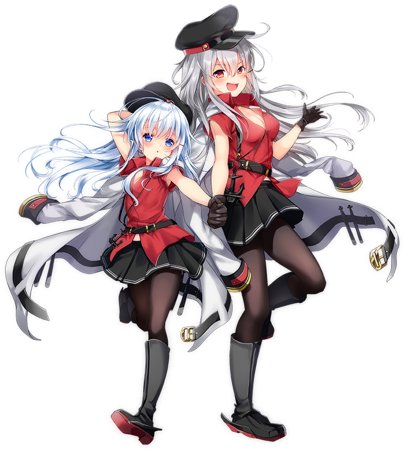 2girls black_footwear black_gloves black_legwear black_skirt blue_eyes boots cosplay full_body gangut_(kantai_collection) gangut_(kantai_collection)_(cosplay) gloves grey_hair hand_holding hat hibiki_(kantai_collection) jacket jacket_on_shoulders kantai_collection long_hair matching_outfit motohara_moka multiple_girls pantyhose peaked_cap pleated_skirt red_eyes red_shirt remodel_(kantai_collection) shirt short_sleeves silver_hair simple_background skirt standing verniy_(kantai_collection) white_background white_jacket