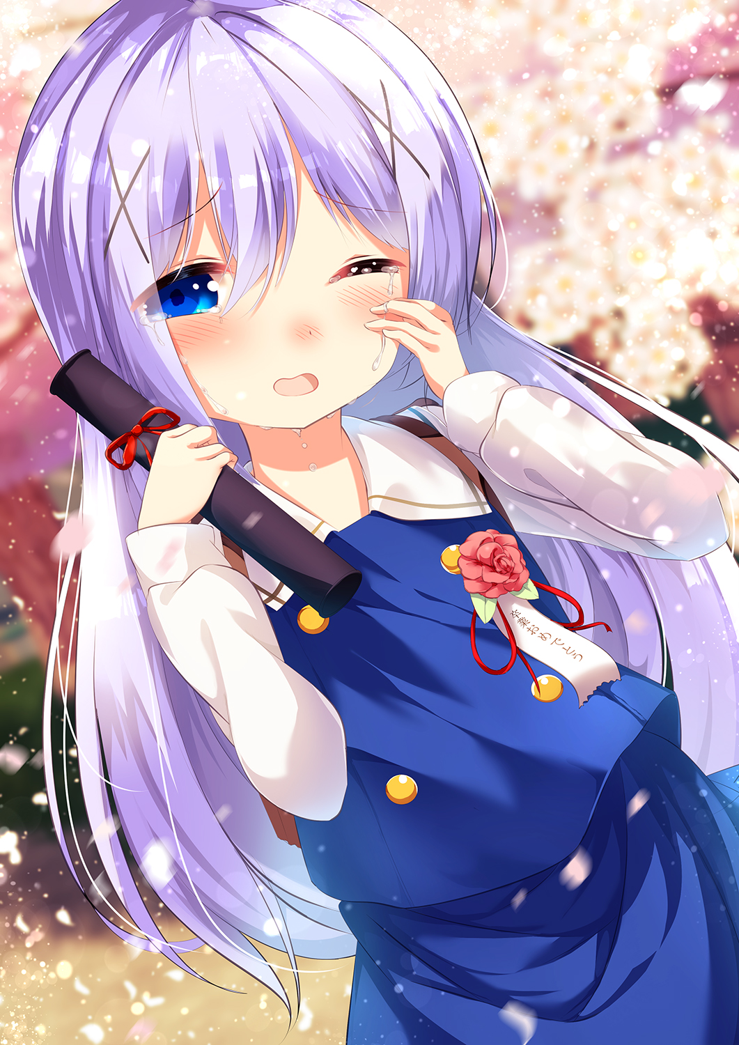 1girl ;d bangs blue_skirt blue_vest blurry blurry_background blush chinomaron commentary_request crying crying_with_eyes_open depth_of_field dutch_angle eyebrows_visible_through_hair flower gochuumon_wa_usagi_desu_ka? graduation hair_between_eyes hair_ornament hands_up highres holding kafuu_chino kafuu_chino's_school_uniform long_hair long_sleeves one_eye_closed open_mouth petals purple_hair red_flower red_rose rose school_uniform shirt skirt smile solo tears translation_request tube very_long_hair vest white_shirt x_hair_ornament