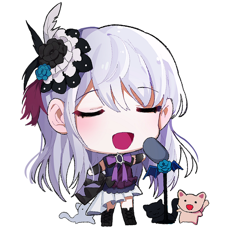 1girl :d animal arm_warmers bang_dream! bangs black_feathers black_flower black_ribbon blue_flower brooch cat chibi feathers flower full_body grey_hair hair_feathers hair_flower hair_ornament jewelry kongya long_hair microphone_stand minato_yukina music neck_ribbon open_mouth purple_feathers purple_neckwear ribbon simple_background singing smile solo standing u_u white_background white_feathers