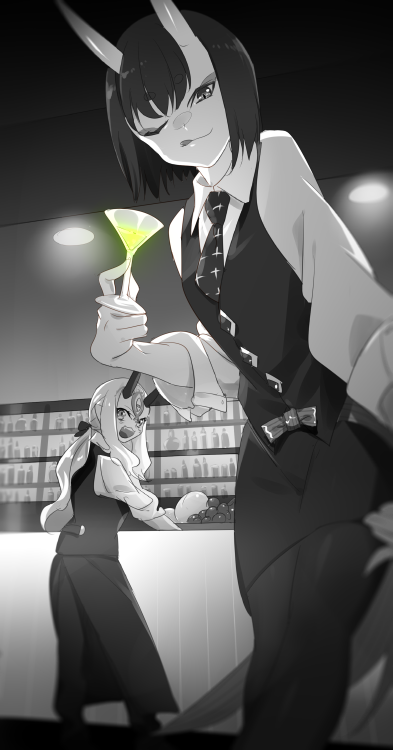 2girls bar cis05 cocktail_glass cup drinking_glass fate/grand_order fate_(series) food fruit greyscale ibaraki_douji_(fate/grand_order) monochrome multiple_girls necktie oni_horns pantyhose shuten_douji_(fate/grand_order) skirt spot_color tongue tongue_out vest