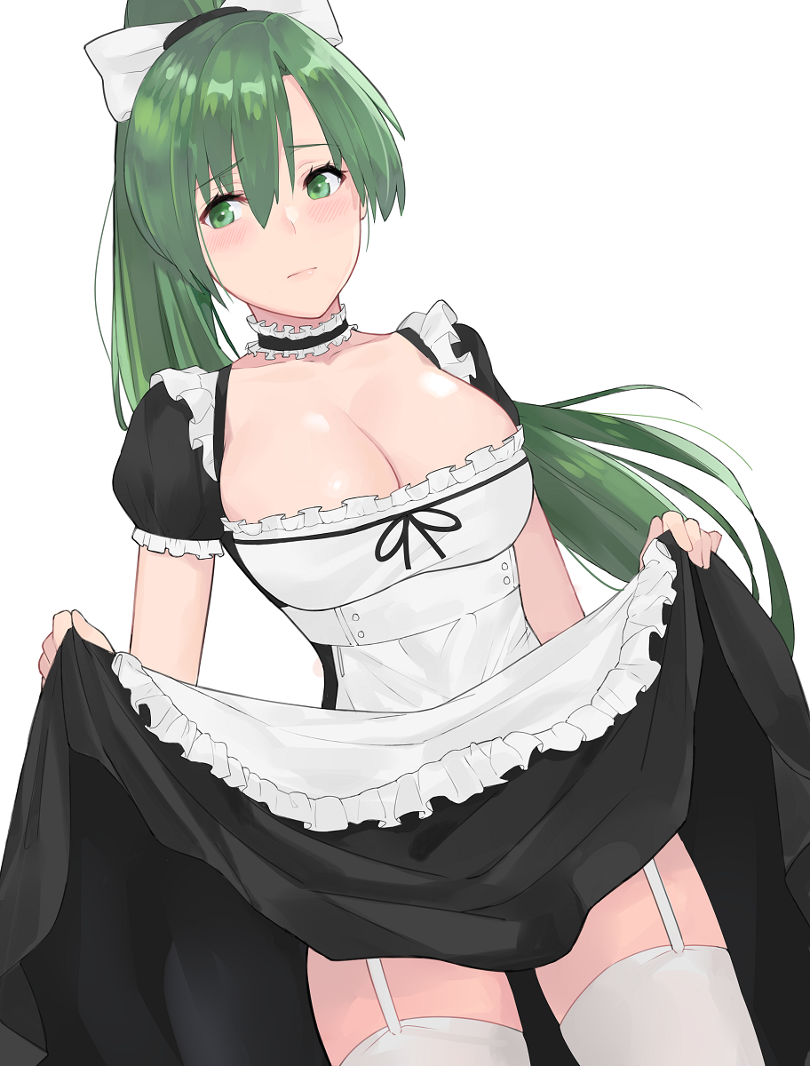 1girl apron bangs black_dress blush bow breasts choker cleavage dress dress_lift dutch_angle eyebrows_visible_through_hair fire_emblem fire_emblem:_rekka_no_ken frilled_apron frilled_choker frills garter_straps green_eyes green_hair hair_between_eyes hair_bow high_ponytail highres intelligent_systems j@ck large_breasts long_hair lyndis_(fire_emblem) maid nintendo ponytail puffy_short_sleeves puffy_sleeves short_sleeves simple_background solo thigh-highs very_long_hair white_apron white_background white_bow white_legwear