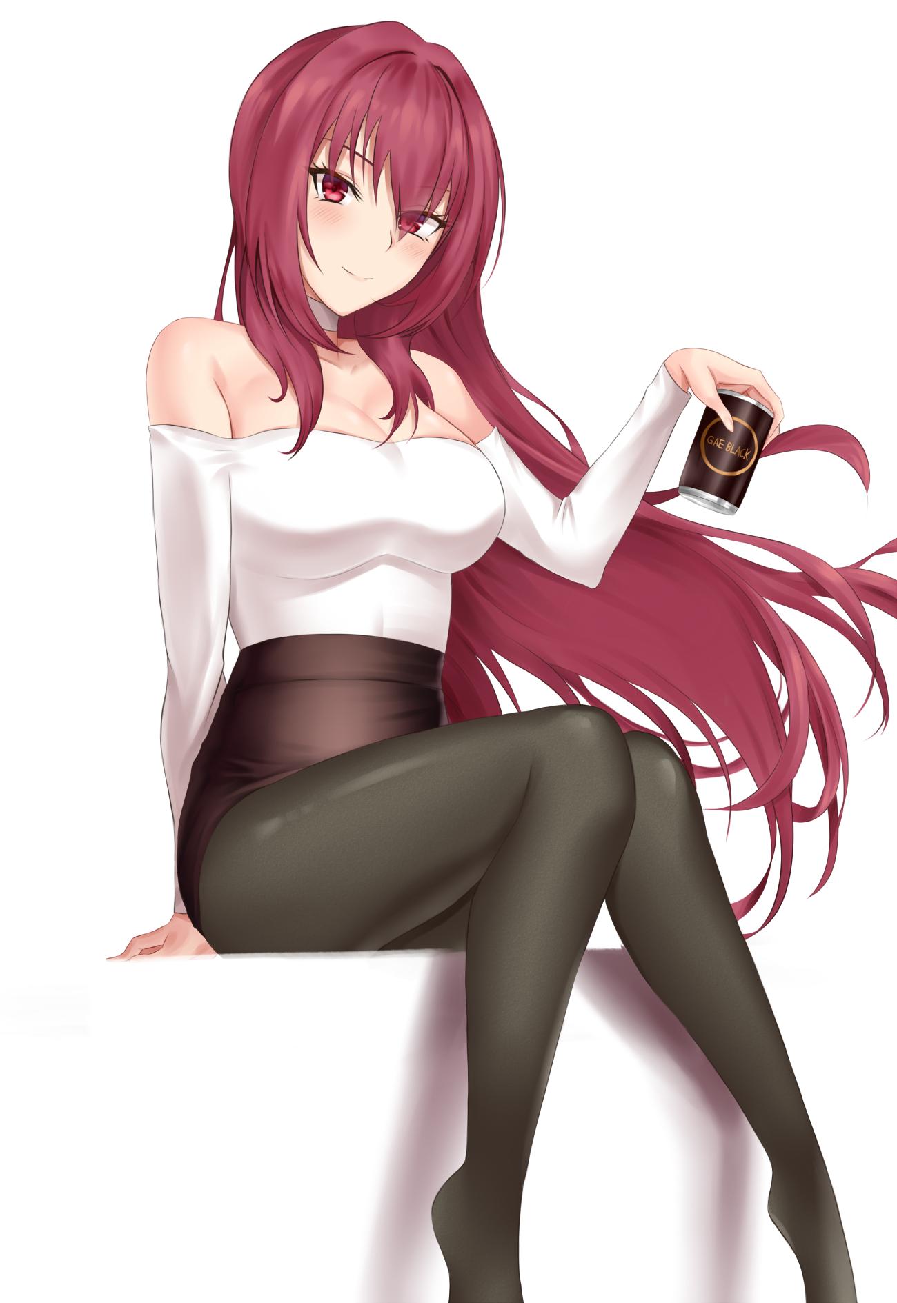 1girl bare_shoulders beer_can breasts can choker cleavage collarbone crimecrime fate/grand_order fate_(series) hair_intakes highres large_breasts legs_together long_hair long_sleeves looking_at_viewer miniskirt pantyhose purple_hair red_eyes scathach_(fate)_(all) scathach_(fate/grand_order) simple_background sitting skirt smile solo