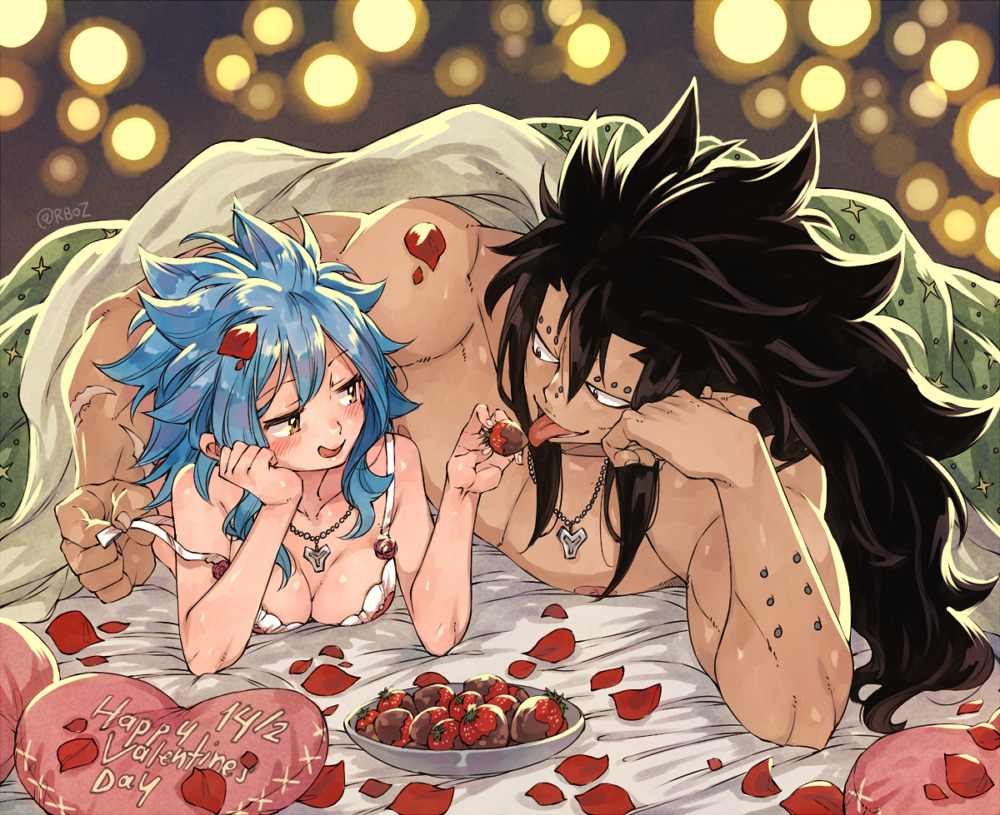 1boy 1girl :q bed_sheet black_hair blue_hair breasts brown_eyes cleavage couple fairy_tail food gajeel_redfox happy_valentine head_rest heart heart_pillow jewelry levy_mcgarden long_hair lying medium_breasts necklace nose_piercing off_shoulder on_back petals piercing pillow rusky sleeveless spiky_hair tongue tongue_out twitter_username under_covers upper_body