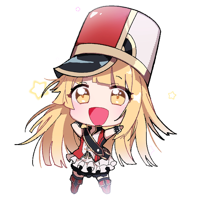 1girl :d arms_up band_uniform bang_dream! blonde_hair boots frilled_skirt frills full_body hat kongya long_hair looking_at_viewer open_mouth red_footwear sash shako_cap simple_background skirt smile solo standing star tsurumaki_kokoro white_background white_skirt wrist_cuffs yellow_eyes