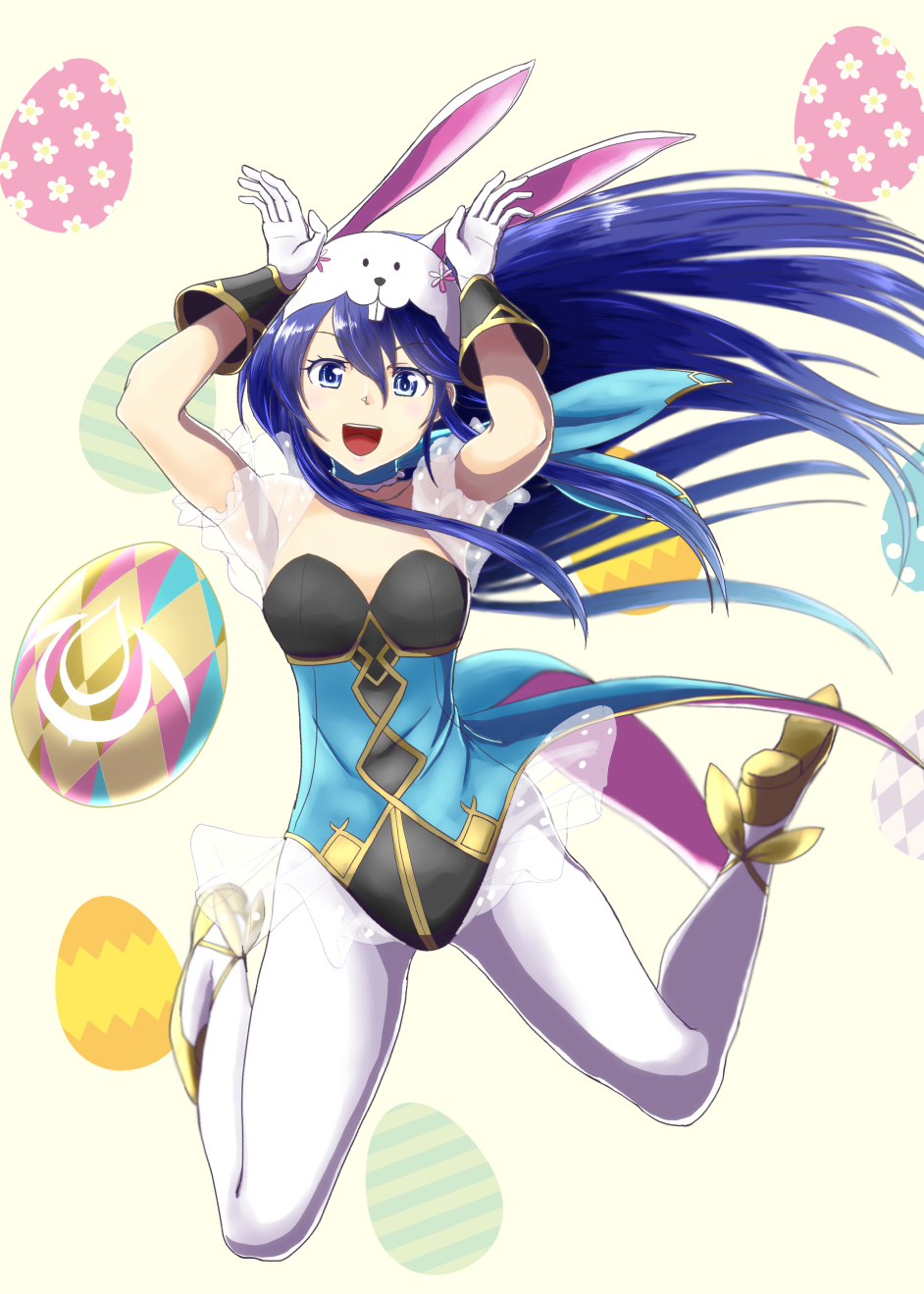 1girl animal_ears blue_eyes blue_hair bunny_pose bunnysuit easter_egg egg fire_emblem fire_emblem:_kakusei fire_emblem_heroes full_body gloves gold_footwear gzo1206 highres long_hair looking_at_viewer lucina nintendo open_mouth pantyhose patterned_background rabbit_ears shoes sleeveless smile solo white_gloves white_legwear