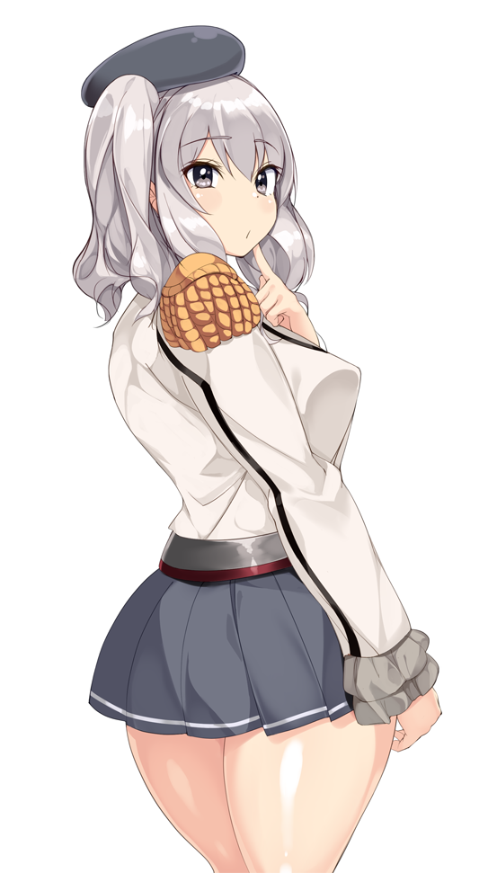 1girl ass bangs beret blush breasts epaulettes grey_eyes grey_skirt hair_between_eyes hat hip_focus jacket kantai_collection kashima_(kantai_collection) large_breasts long_hair long_sleeves looking_at_viewer looking_back military_jacket open_mouth pleated_skirt sia_namsbinpeni sidelocks silver_hair simple_background skirt solo thighs twintails wavy_hair white_background white_jacket