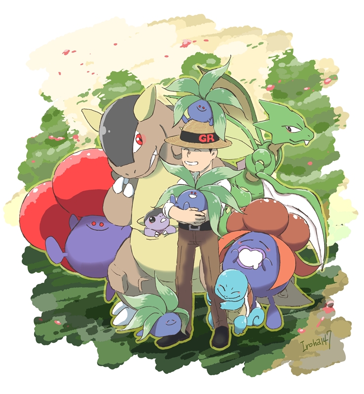 1boy closed_eyes creature creatures_(company) game_freak gen_1_pokemon gloom hanimaru_(pixiv29474374) holding holding_pokemon kangaskhan male_focus morino_(pokemon) nintendo oddish pokemon pokemon_(creature) pokemon_(game) pokemon_card_gb pokemon_on_head scyther squirtle straw_hat tree vileplume