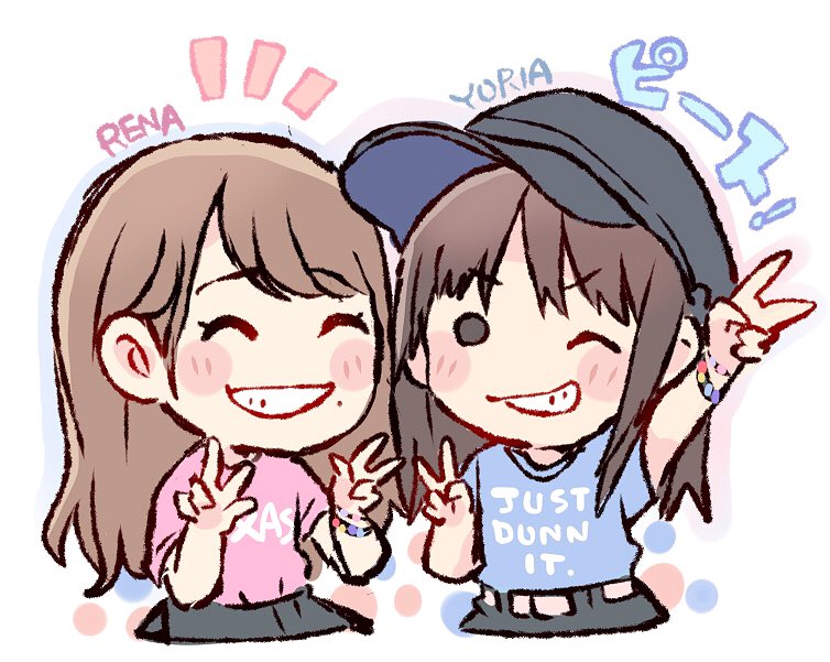 2girls ^_^ akb48 bangs black_headwear blue_shirt bracelet brown_hair cabbie_hat character_name chibi closed_eyes closed_eyes clothes_writing commentary_request double_v double_w grin hat jewelry katou_rena kizaki_yuria long_hair looking_at_viewer mole mole_under_mouth multiple_girls notice_lines pink_shirt real_life shirt short_sleeves smile t-shirt taneda_yuuta upper_body v v-shaped_eyebrows w